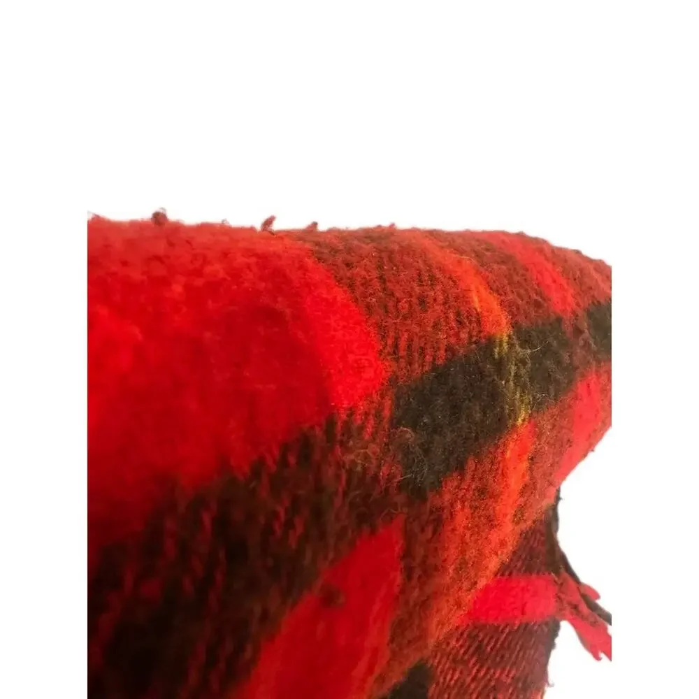 Vintage Faribo Fluff Loomed Wool Blanket Orange Plaid Throw 52‎ x 56 Fringe USA